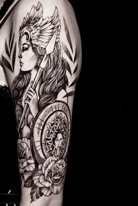 Athena Tattoo Ideas Greek Mythology Goddesses Tattoos, Athena Sleeve Tattoo, Athena Medusa Tattoo, Valkyrie Tattoo Sleeve, Athena Tattoo Goddess Sleeve, Amazon Warrior Tattoo, Indian Lady Tattoo, Valkaryie Tattoo, Ephesians Tattoo