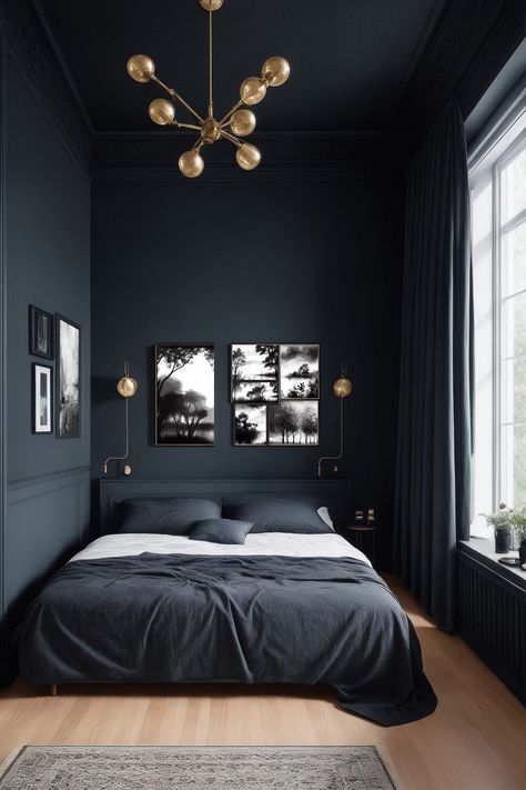 How to Make Your Bedroom Feel Cozy - Steline Top Bedroom Ideas, Dark Blue Rooms, Black Walls Bedroom, Dark Cozy Bedroom, Dark Blue Bedrooms, Plush Bedding, Dark Blue Walls, Masculine Bedroom, Dark Bedroom