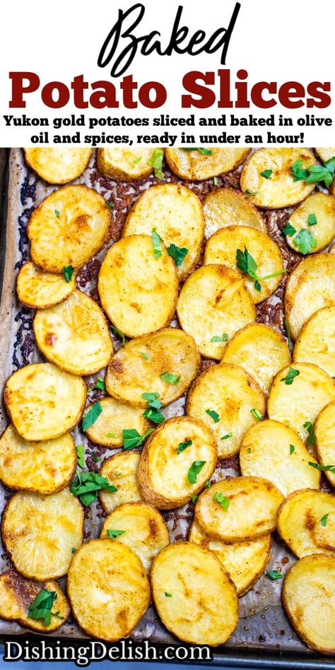 Oven Baked Potato Slices Butter, Sliced Baked Potatoes In The Oven Garlic, Bake Sliced Potatoes In Oven, Oven Potato Slices, Potatoes Sliced In Oven, Sliced Crispy Potatoes, Sliced Russet Potato Recipes Baked, Potatoe Slices Baked, Baked Potatoes Slices In The Oven