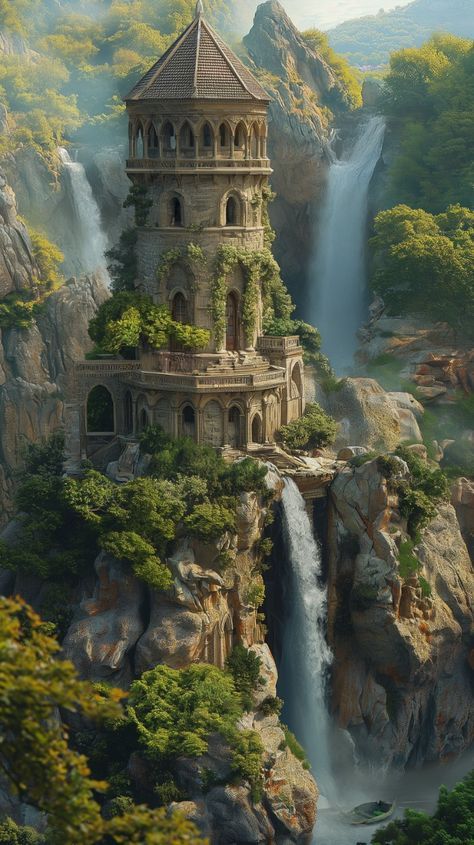 Princess Tower Aesthetic, Fantasy Worlds Inspiration, Fantasy Architecture Art, Dnd Art Landscape, Fantasy World Painting, Fantasy World Inspiration, Fantasy World Aesthetic, Fantasy Nature Art, Fantasy World Art