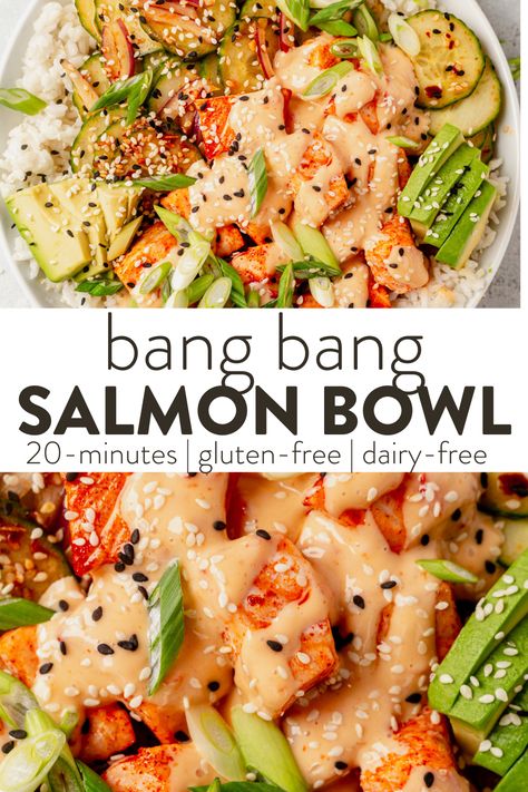 Bang Bang Salmon is the perfect weeknight dinner option when you need something quick and delicious that the whole family will love. Cook the salmon in 10-12 minutes for a quick weeknight dinner or meal prep them for lunches the next day. Salmon Salad Bowls Healthy, Sushi Bowl With Salmon, Salmon Meal Prep Bowls, Salmon Sushi Bowls Healthy, Baked Salmon Meal Prep, Whole 30 Salmon Bowl, Airfry Salmon Bowl, Salmon Bang Bang Bowl, Salmon Bowl Marinade