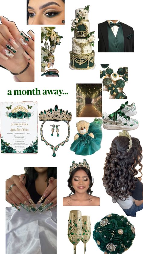 quinceee Emerald Green 15 Dress, Emerald Quinceanera Dress, Emerald Green Quinceanera Theme, Green Quinceanera Theme, Rose Gold Quince, Quince Themes, Green Quinceanera Dresses, Quinceanera Nails, Quinceanera Themes Dresses