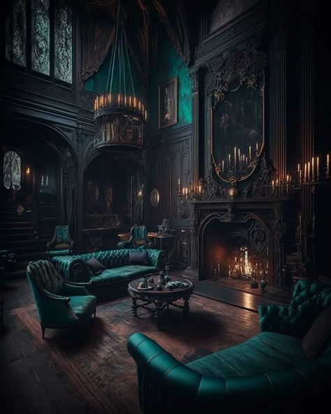 Dark Fantasy Living Room, Goth Manor, Gothic Bedrooms, Dr Visuals, Gothic Library, Gothic Drawings, Dark Garden, Dark Living Rooms, Victorian Interior