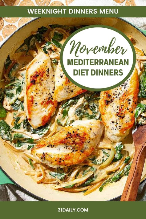 With Thanksgiving next week, we're maximizing good-for-you foods in this week's November Mediterranean Diet Dinners meal plan. Filled with hearty foods and delicious flavors, these meals are mostly ready in 30 minutes and feature November-perfect ingredients. Healthy November Meals, Self Catering Meal Ideas, November Recipes Easy, November Menu Plan, Mediterranean Diet Weekly Meal Plan, Weekly Mediterranean Meal Plan, Weekday Healthy Dinner Ideas, November Recipes Dinner, Mediterranean Diet Thanksgiving Recipes