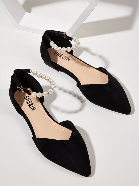 Faux Pearl Beaded Point Toe Ankle Strap Flats | SHEIN USA قلادات متدلية, Hak Tinggi, Fancy Sandals, Indian Shoes, Strap Flats, Fashion Shoes Heels, Cute Shoes Heels, Shoes Heels Classy, Fashion Shoes Sandals