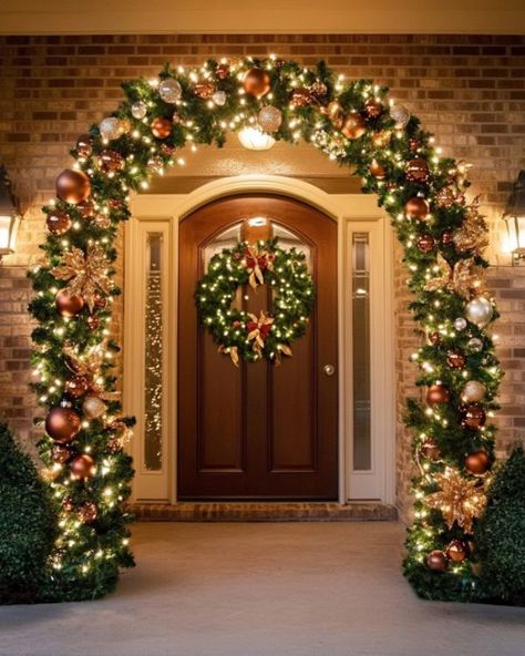 Door Arch Garland, Pool Noodle Swag Wreath, Door Way Christmas Decorations, Christmas Garland Exterior, Door Frame Christmas Garland, How To Make A Curved Archway, Over Door Christmas Decorations, Ornament Wreath Pool Noodle, Outside Christmas Garland Front Doors