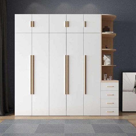 6door Wardrobe Design, Off White Cupboards Bedroom, White Almari Design, Cupboard Design Outside, Wardrobe With White Laminate, White Color Wardrobe Design, Wooden Wardrobes For Bedrooms, White And Wood Wardrobe Design, Types Of Wardrobe Closet