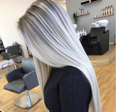 Platinum Hair With Highlights, Icy White Balayage, Ice White Balayage, Silver With Dark Roots, Dark To White Ombre Hair, Blond Hair With Silver Highlights, Silver Blonde Hair Color Ideas, Silver Blonde With Dark Roots, Icy Silver Hair Dark Roots