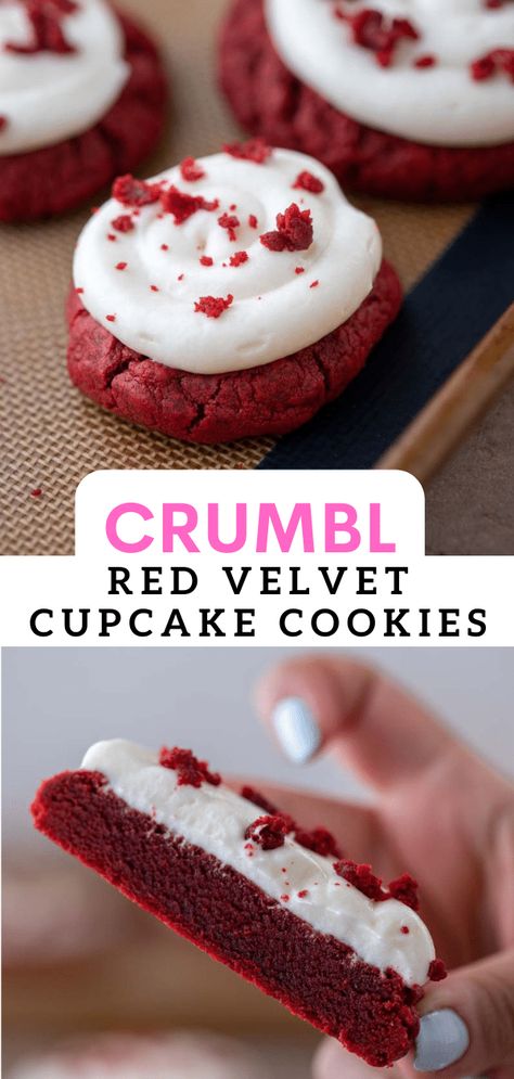 Easy Crumbl Red Velvet Cupcake Cookies - Lifestyle of a Foodie Dessert Recipes Crumbl Cookies, Crumbl Pink Velvet Cookie Recipe, Crumbl Cookie Copycat Red Velvet, Fluffy Red Velvet Cookies, Quick At Home Desserts, Decorating Red Velvet Cupcakes, Chunky Red Velvet Cookies, Lifestyle Of A Foodie Crumbl Cookies, Buttermilk Pancake Crumbl Cookie