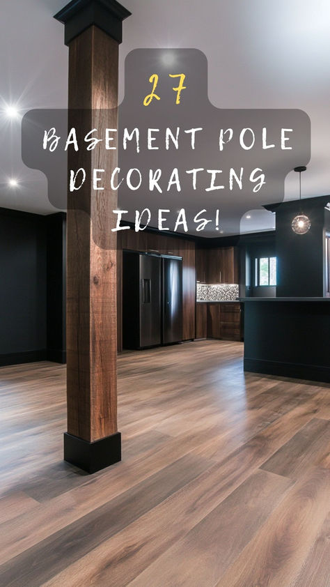 Tired of plain basement poles? Click to discover 27 innovative ideas to turn your basement poles into stylish decor elements. 🎨🏠 #BasementDecor #PoleDecorating #HomeStyle #CreativeInteriors #DecorIdeas Cover Support Poles In Basement, Basement With Wood Ceiling, Basement Poles Covers, Wood Beams In Basement, Basement Stairs Lighting Ideas, Basement Remodel With Low Ceilings, Wrap Basement Pole, Split Foyer Basement Ideas, Complete Basement Remodel