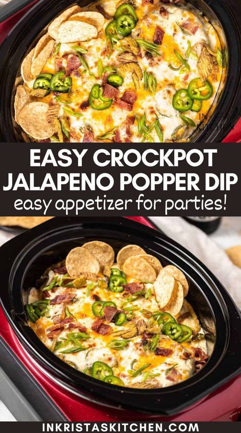 This Jalapeno Popper Dip Crockpot Recipe is the official dip of game day at my house! Creamy, garlicky cheese with bacon, green onions and loaded with jalapeno peppers for a spicy kick! This easy appetizer dip is the best party snack if you love spicy foods. It’s an easy recipe that works for everything from football tailgate and Super Bowl parties to Taco Tuesday and Cinco de Mayo! Take your chips and dip game to the next level with this easy Mexican appetizer recipe! #slowcookerappetizers Banana Pepper Dip Crockpot, Cinco De Mayo Party Food Crockpot, Crockpot Jalapeño Popper Dip, Crockpot Gameday Food, Jalopena Popper Dip Crockpot, Mexican Dip Crockpot, Gameday Appetizers Football Season, Jalapeno Popper Dip Crock Pot, Crockpot Jalapeno Popper Dip