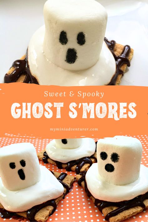 Ghost S'mores - My Mini Adventurer Sweet And Spooky, Fun Halloween Food, Spooky Treats, Seasonal Treats, Marshmallow Fluff, Spooky Ghost, Halloween Recipes, Graham Cracker, S Mores