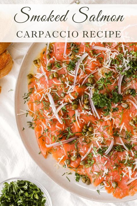 Salmon Carpaccio Plating, Smoked Salmon Capers Appetizer, Smoked Salmon With Capers, Smoked Salmon And Capers, Recipes With Cold Smoked Salmon, Cold Smoked Salmon Recipes Dishes, Smoked Salmon Asian Recipes, Smoked Salmon Carpaccio Recipe, Smoked Salmon Uses