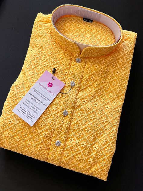 Kurta Pajama Men Peach Color, Yellow Kurta Pajama Men, Yellow Kurta Men For Haldi, Haldi Kurta For Men, Yellow Kurta Men, Haldi Ceremony Outfit For Men, Mango Yellow Color, Grand Dresses, Kurta Designs Men's