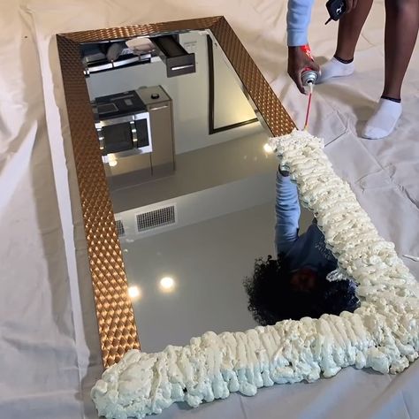 Mirror Recycling Ideas, Embellished Mirrors Diy, Decorative Mirrors Diy, Diy Disco Mirror Frame, Mirror Boarders Diy, Custom Mirror Frame, Diy Decorative Mirror, Spray Foam Mirror, Expanding Foam Mirror