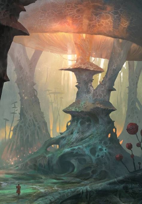 Mushroom World Art, Dnd Feywild Art, Scifi Fantasy Aesthetic, Mushroom World Drawing, Underdark Art, Feywild Art, Fantasy World Drawing, Fairy Fantasy Aesthetic, Fantasy World Concept Art