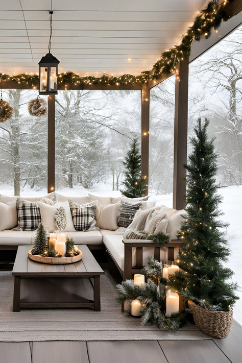 Christmas Porch Decor Christmas Porch Inspiration, Victorian Porch Christmas Decor, Christmas Decor Screened Porch, Outside Christmas Porch Decor, Christmas Screened Porch Decor, Sunroom Decorated For Christmas, Christmas Screen Porch Decorating Ideas, Christmas Decorations Porch Outdoor, Neutral Christmas Front Porch