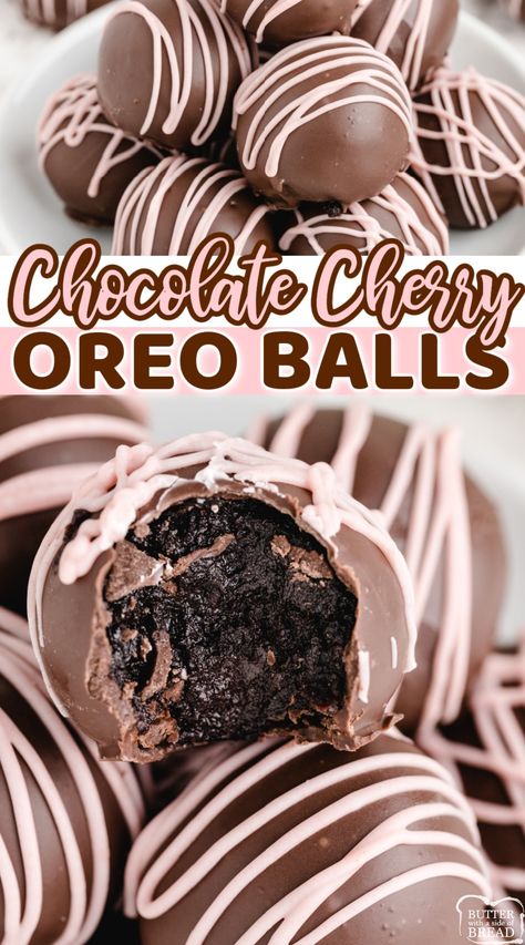 Chocolate Cherry Oreo Balls made with just 5 ingredients for the perfect easy dessert! These little no-bake truffles are simply made with Oreo cookies and cherry pie filling. Cookies Balls, Dessert No Bake, No Bake Truffles, Oreo Balls Recipe, Oreo Truffles Recipe, Oreo Treats, Truffle Cookies, Homemade Truffles, Dessert Truffles