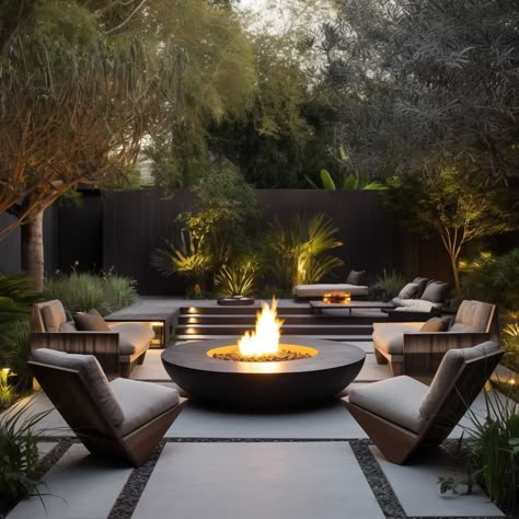 Garden Patio With Fire Pit, Jacuzzi And Fire Pit Outdoor Ideas, Modern Backyard Fire Pit Ideas, Fire Pit Modern Outdoor, Luxury Outdoor Fire Pit, Landscaped Fire Pit Area, Spa And Fire Pit Area, Elegant Fire Pit, Outdoor Fire Feature