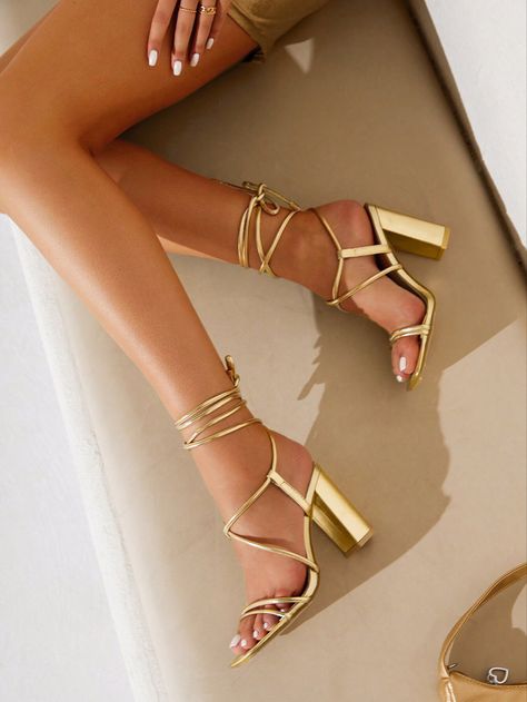 Hoco Heels, Gold Prom Shoes, Gold Heels Prom, Gold Chunky Heels, Graduation Heels, Prom Gold, Gold Strappy Sandals, Gold Strappy Heels, Heels Prom