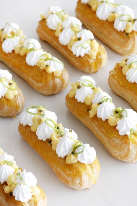 15 Passion Fruit Dessert Recipes Perfect for Your Spring Date Night - Brit + Co Passionfruit Dessert, Kue Macaroon, Eclair Recipe, Patisserie Fine, Italian Meringue, Fruit Dessert Recipes, Choux Pastry, Köstliche Desserts, Eclairs