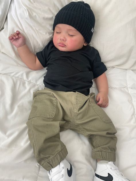 nike blazers with green cargos black tee and black beanie baby outfit Boy Baby Outfits Stylish, Stylish Baby Boy Outfits Summer, 3 Month Old Outfits Boys, 6 Month Baby Outfits Boys, Cute Baby Boys Pics, Classy Baby Boy Outfits, Baby Boy Fits Summer, 6 Month Boy Outfits, Baby Boy Astethic