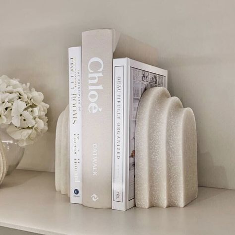 Delaney White Marble Set of 2 Bookends Accessories Cream Shelves Living Room, Beige Shelf Decor, Table Decorations For Living Room, Living Room Decor Books, White Company Aesthetic, Decor Pieces Accessories, Book Shelves Decoration, Cute Shelves Decor, How To Style Shelves