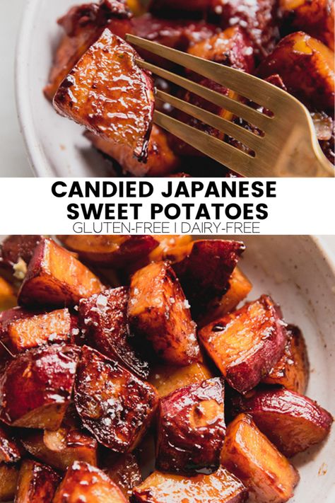 Candied Japanese Sweet Potatoes Crispy Sweet Potato Recipes, Japanese Yams Recipe, Easter Sweet Potatoes, White Yams Recipe, Japanese Sweet Potatoes Recipe, Japanese Sweet Potatoes, Japanese Potato Recipe, Chinese Sweet Potato Recipes, Japanese Yams Baked