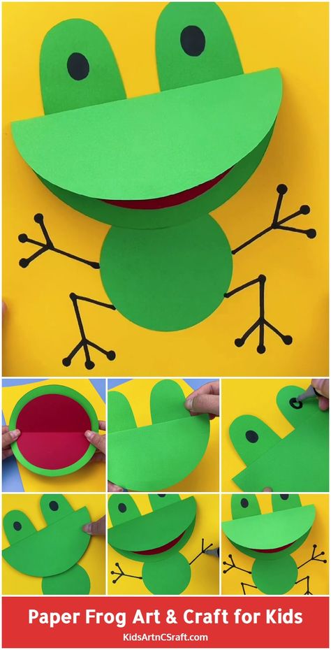 Paper Frog Craft for Kids – Step by Step Tutorial - Kids Art & Craft Cool Crafts For Preschoolers, Frog Art For Preschoolers, Elementary Crafts Easy, F For Frog Craft, Ant Art And Craft, Pre K Crafts Easy Spring, Quick Kindergarten Crafts, Simple Frog Craft, Art Craft For Kindergarten