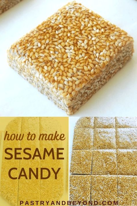 Sesame Candy-This deliciously crunchy sesame candy recipe is so easy to make! You only need 2 ingredients to make these caramelized sesame seeds! Sesame Candy Recipes, Chinese Candy Recipes, Sesame Sweets, Sesame Cookies Chinese, Sesame Snaps, Sesame Candy, Sesame Seed Candy, Sesame Dessert Recipes, Chinese Snack Recipes