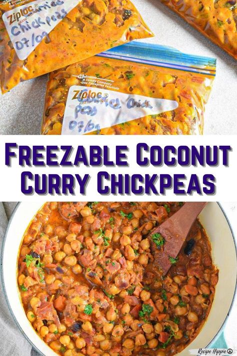 This healthy and delicious canned chickpeas recipe is so easy to make, and can be a makeahead meal! The indian flavors in this dish are so tasty, and they are actually super healthy for you. Simple freezer meals, don't have to be boring, and this make ahead vegetarian meal is anything but! Simple Freezer Meals, Coconut Curry Vegetarian, Coconut Chickpea Curry, Vegan Freezer Meals, Coconut Chickpea, Curry Vegetarian, Healthy Curry Recipe, Vegetarian Freezer Meals, Frozen Drink Recipes