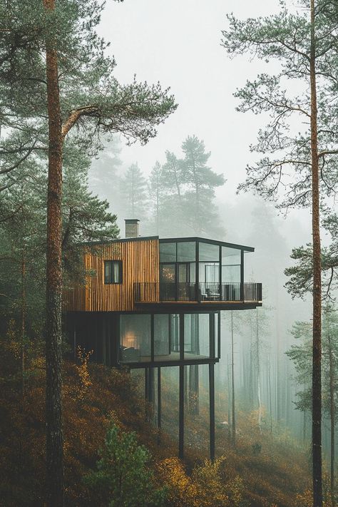 Elevated luxury dream house surrounded by high pine trees in a misty Scandinavian forest. Check out all of these fresh and exciting houses that turn a dream home into a reality full of personality and curb appeal! Tree House Style Home, House In The Trees, Tree House In Forest, Forest Tree House, Tree House Homes, Forest House Architecture, Dark Forest House, Treehouse Design, Forest Houses