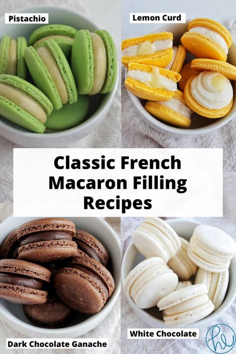 four types of macaron flavors. Maccarone Recipes, Macaron Filling Ideas, Macaron Fillings, Specialty Desserts, Buttercream Ganache, Shower Recipes, French Macaroon Recipes, Making Macarons, Macaron Recipes