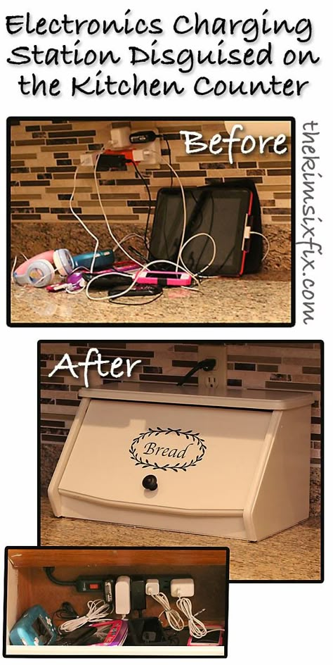 Electronics Charging Station Disguised as a Breadbox.. a great way to hide your electronics in plain sight.. and having a power strip inside allows you to not use up all your outlets! Electronics Charging Station, Electronic Charging Station, Charging Stations, Diy Holz, Diy Electronics, Kitchen Countertop, Electronics Projects, Organizing Ideas, Diy Blog