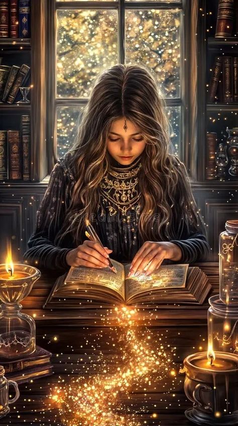 Mystical Witch Reading Spellbook in Enchanted Apothecary, Glowing Potions and Candlelight for a Magical Halloween Vibe. Young witch immersed in her spellbook royalty free illustration Magic Fantasy Art Witches, Witch Room Fantasy Art, Witch Reading A Book Art, Enchantment Wizard Art, Grimore Books Fantasy Art, Witchy Ideas, Woodland Witch, Witch School, Magical Halloween