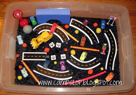 Camp Slop: Cars Sensory Bin Transportation Theme Preschool, Transportation Unit, Sensory Tubs, Sensory Tub, Race Car Themes, Transportation Preschool, Transportation Theme, Sensory Boxes, Sensory Table