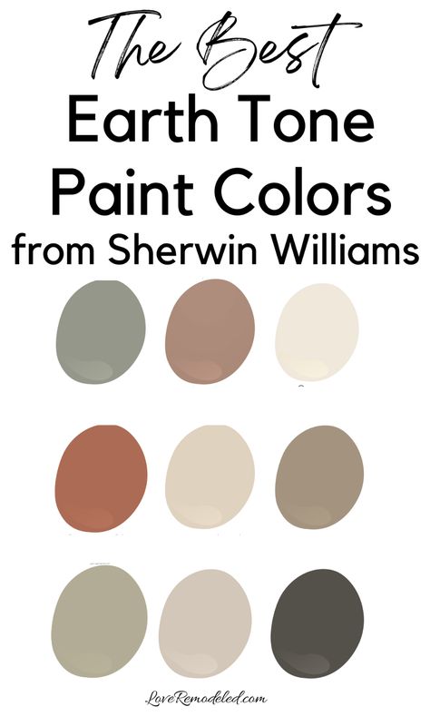 Earth tone paint colors are shades that hearken the appeal of nature. Among other colors, earthy paint colors consist of ruddy reds, clay toned oranges, soft beige and tans, and sage greens. Check out Sherwin Williams best earth tone paint colors for a kitchen, living room, bedroom, office and more. Nature, Beige Paint For Nursery, Sherwin Williams Vintage Paint Colors, Earthy Living Room Colors, Colour Palettes For Living Room, Sherwin Williams Neutral Green Colors, Earth Tone Paint Colors Sherwin Williams, Earth Tone Color Palette Kitchen, Earthy Greens Color Palette