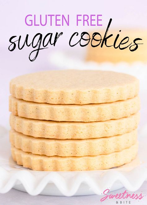 These gluten free sugar cookies are the perfect vanilla cut-out cookies. They hold their shape and are smooth and flat, making them super easy to decorate - the best gluten free Christmas cookie recipe! Flat Cookies Recipe, Flourless Sugar Cookies, Egg Free Sugar Cookie Recipe, Sugar Biscuits Recipe, Gluten Free Sugar Cookies Recipe, Gluten Free Christmas Cookies Recipes, Gluten Free Shortbread, Gluten Free Christmas Cookies, Gluten Free Sugar Cookies