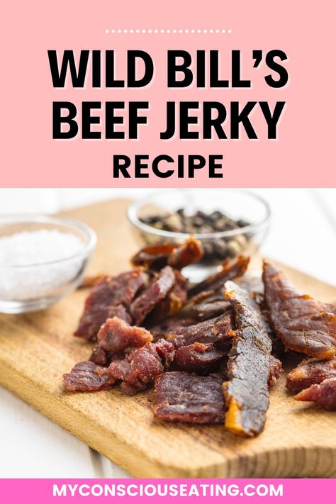 Wild Bill's homemade beef jerky on cutting board Jerky Recipes Oven, Beef Jerkey Recipes Oven, How To Make Jerky In The Oven, Oven Beef Jerky Recipe, Beef Jerky Oven Recipe, Deer Jerky Recipe In Oven, Jerky In Oven, Beef Jerky In The Oven, Beef Jerky Recipe Oven