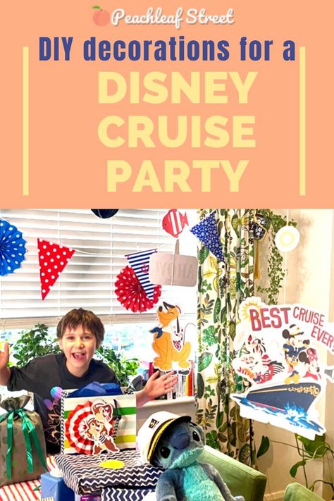 11 year old boy and his Disney cruise birthday party decorations, including Mickey Mouse, Chip and Dale and Pluto hanging decorations Disney Cruise Birthday Party Ideas, Disney Cruise Themed Birthday Party, Cruise Ship Door Decoration Ideas Birthday, Disney Cruise Birthday, Disney Cruise Gifts For Kids, Disney Cruise Reveal, Cruise Printables, Disney Wish Cruise Ship Door Decorations, Disney Cruise Birthday Shirt