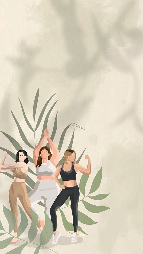 Health and wellness vector wallpaper green with women flexing illustration | free image by rawpixel.com / Aew Stretching Background, Physical Education Background Design, Stretching Illustration, Women Flexing, Earth Tones Wallpaper Iphone, Wellness Images, Women Stretching, Fitness Printables, Yoga Illustrations