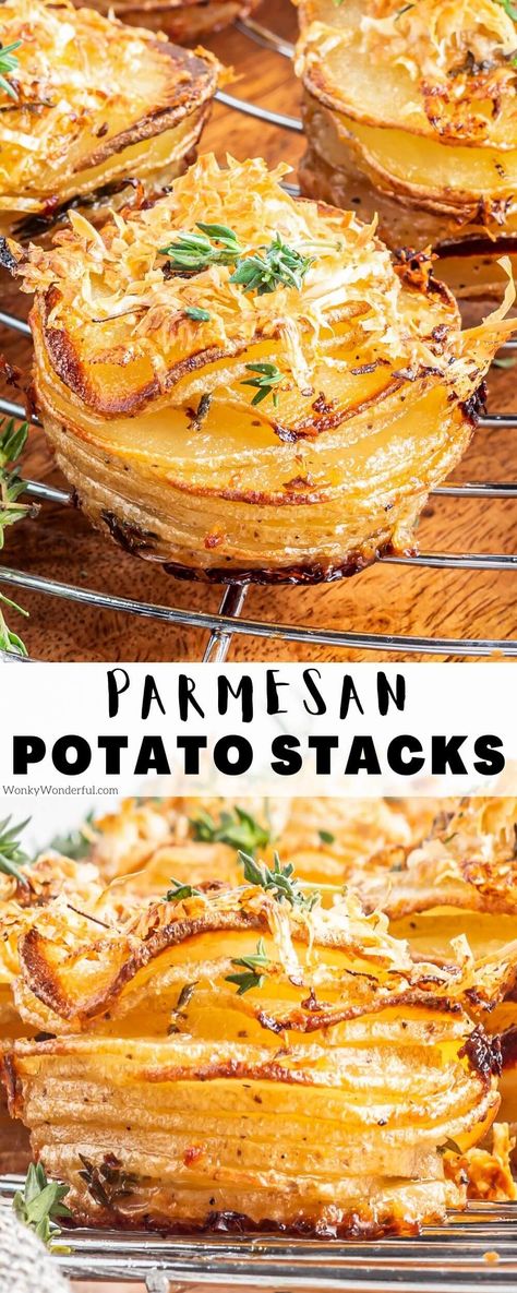 Sliced Potato Stacks, Crispy Layered Potatoes, Jack Stack Cheesy Potatoes, Rosemary Garlic Stacked Potatoes, Garlic Stacked Potatoes, Stack Potato Recipes, Potato Stacks Muffin Tins Parmesan, Mini Potato Au Gratin Stacks, Potatoes As A Side Dish