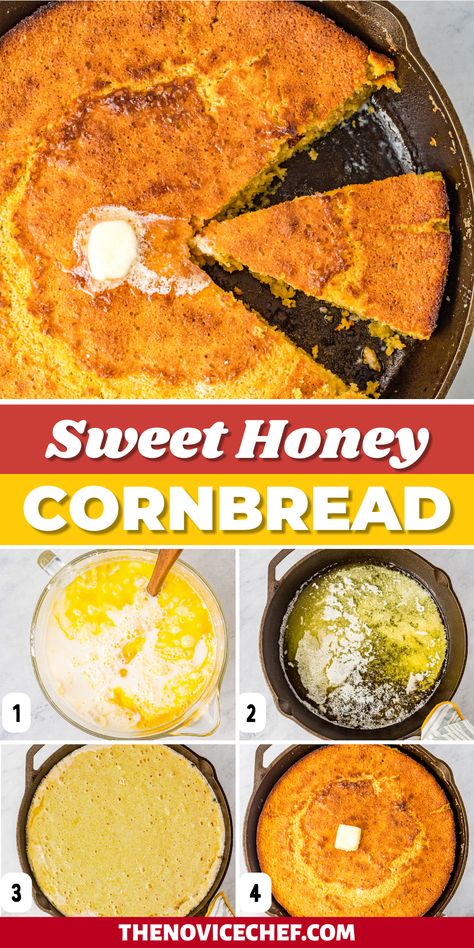 Super moist and with an airy crumb, this sweet cornbread is ready to soak up all the sauces and soups on your plate. Lightly sweetened with honey, it's the perfect 30-minute side. As is or with jalapeño and bacon bits, you'll love every single bite! Honey Corn Bread, Honey Cornbread Recipe, Super Moist Cornbread, Sweet Corn Bread, Sweet Cornbread Recipe, Sweet Potato Cornbread, Cornbread Recipe Sweet, Moist Cornbread, Beautiful Bread