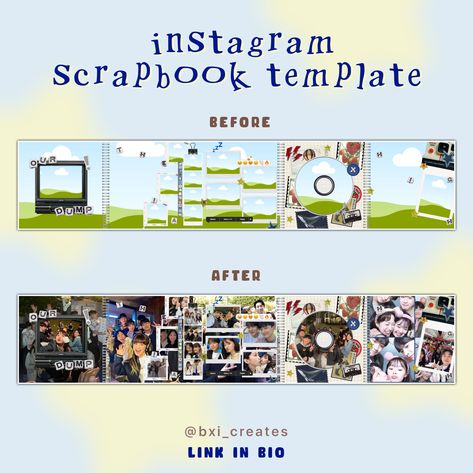 template linked ! Scrl App Templates Ideas, Digital Scrapbook Instagram Ideas, Instagram Scrapbook Template, Canva Magazine Template, Canva Collage Templates, Insta Scrapbook Post, Ig Scrapbook Post, Canva Scrapbook Template, Photo Dump Template