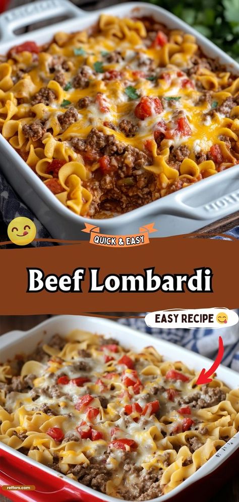 Indulge in the rich, savory flavors of this Beef Lombardi. A hearty casserole layered with beef, noodles, and a creamy sauce, it's a comforting dish that everyone will love. #BeefCasserole #ComfortFood #FamilyDinner Beef Lombardi Recipe, Beef Lombardi Casserole 12 Tomatoes, Beef And Macaroni Casserole, Beef Lombardi Casserole Recipe, Sides For Beef And Noodles, Quick And Easy Dinner Recipes With Ground Beef Casseroles, Crazy Good Casserole Recipe, Stewing Beef Recipes Slow Cooker, Ground Beef Recipes For Dinner Noodles