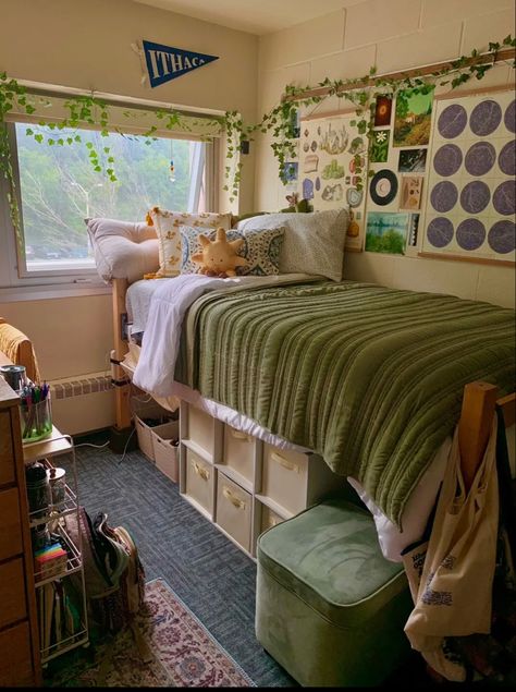 Simple Aesthetic Dorm Room, Weird Corner In Bedroom, 3 Bed Dorm Room Layout, Stony Brook University Dorms, Beachy Dorm Room Aesthetic, Dorm Room Desk Setup, Green And Brown Dorm Room, Purple Dorm Room Ideas Color Schemes, Forest Green Dorm Room