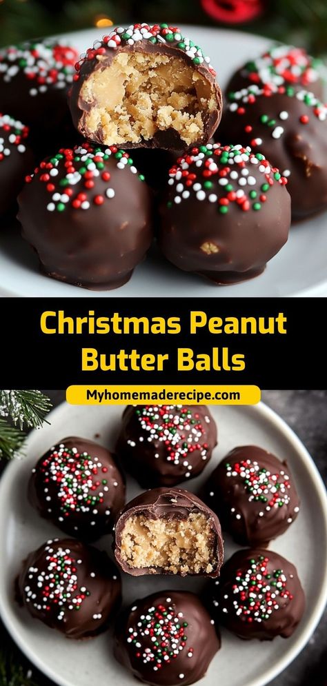 These Christmas peanut butter balls are creamy, rich, and coated in chocolate. A holiday classic that’s easy to make! Ingredients: 1 cup peanut butter ½ cup powdered sugar 1 cup chocolate chips, melted Festive sprinkles for garnish Serve these peanut butter balls as a sweet, no-bake Christmas treat Peanut Christmas Candy, Chocolate Ritz Crackers Peanut Butter, Peanut Butter Ball Cookies, Nutter Butter Santas, Pea Ut Butter Balls, Christmas Peanut Butter Truffles, Christmas Peanutbutter Balls, Bullseye Peanut Butter Balls, Truffle Ball Recipes