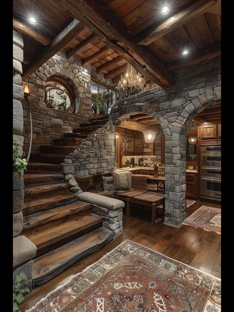 Rustic Lodge Interior, Rustic Lodge, Log Cabin, Cabin, Log, Living Room, Stone, Wood, Furniture