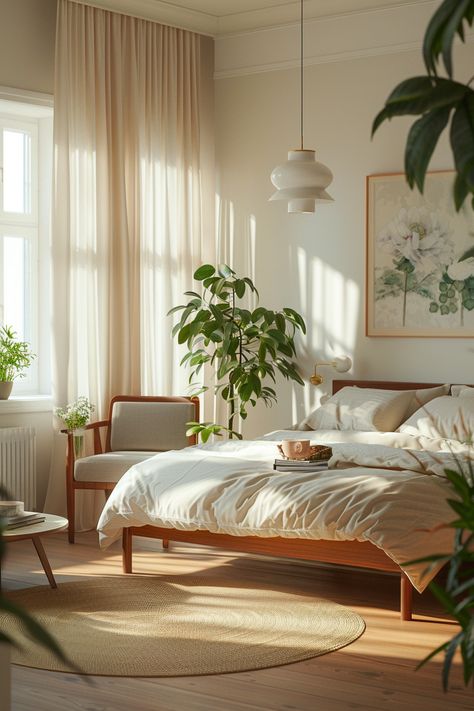 Step into tranquility with this stylish and natural bedroom interior. The well-lit space exudes warmth as sunlight filters through sheer curtains, casting dappled light on the inviting double bed adorned with white linens and a crumpled beige bedspread. A minimalist wooden chair, a vintage-inspired pendant lamp, lush green plants, and a small round table with a leisurely morning setup complete the serene atmosphere. Explore the perfect balance of modern and natural elements in this cozy haven. Light Bedroom Ideas Modern, Light Green And Yellow Bedroom, Cosy Modern Bedroom, Cozy Bright Bedroom, Cozy Plant Bedroom, Calm Bedroom Aesthetic, Sunlight Bedroom, Warm Toned Bedroom, Warm White Bedroom