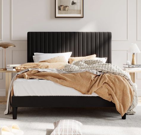 King Upholstered Platform Bed, Velvet Bed Frame, Black Bed Frame, Velvet Upholstered Bed, Black Headboard, Full Bed Frame, Velvet Headboard, Velvet Bed, Upholstered Bed Frame